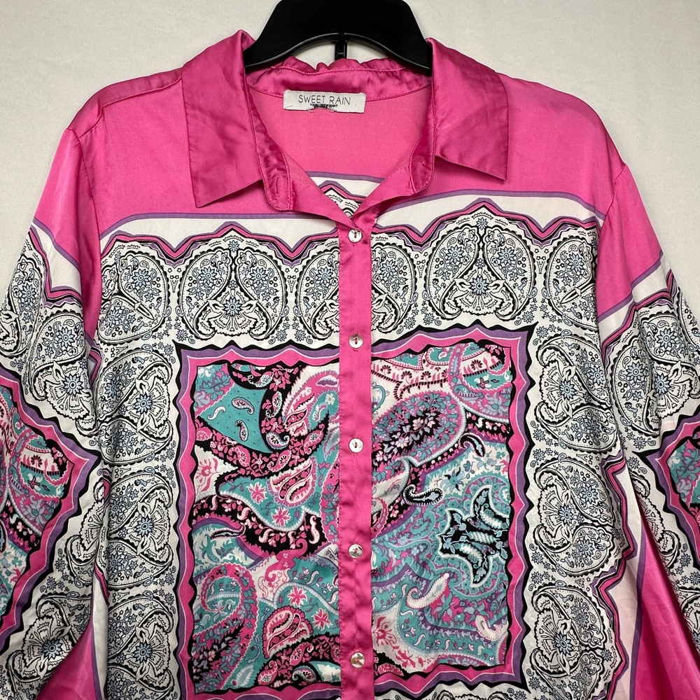 Sweet Rain Womens 3X‎ Pink Paisley Scarf Print Button Up Satin Blouse TP13119